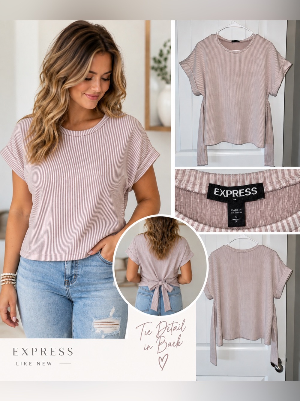 Express Short Sleeve Ribbed Tie-Back Top - Blush Pink